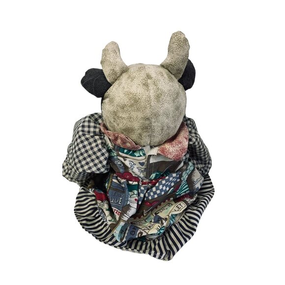 Stuffed Plush Toy Country Cow Handmade Dress Blue White Plaid 17" Animal - Picture 2 of 8